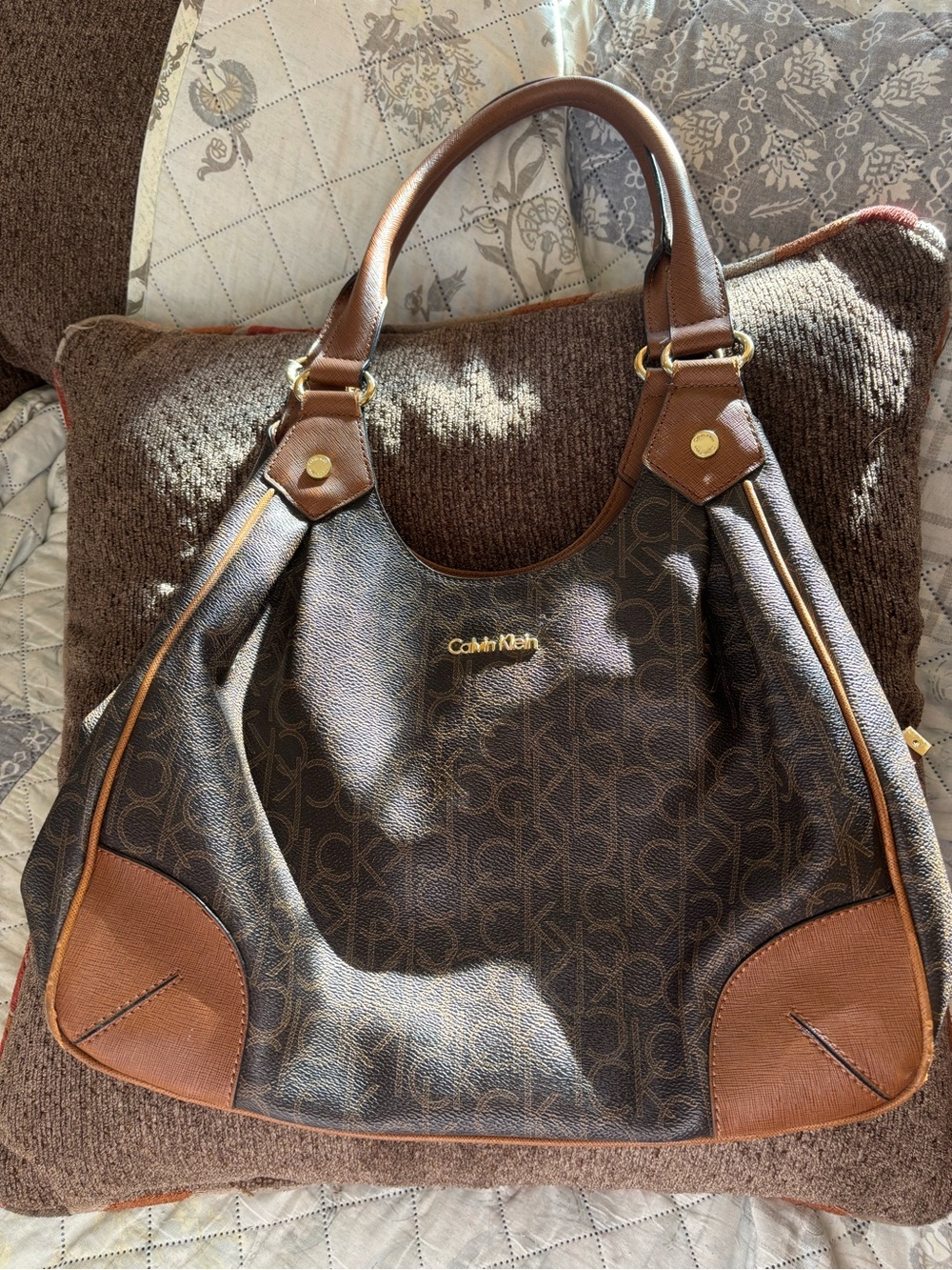 Calvin Klein Dark Brown Monogram Shoulder Bag with Tan Trim